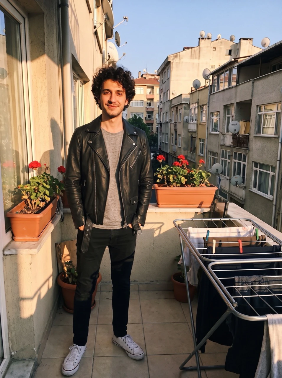 Aynı kare, siyah deri ceket ile