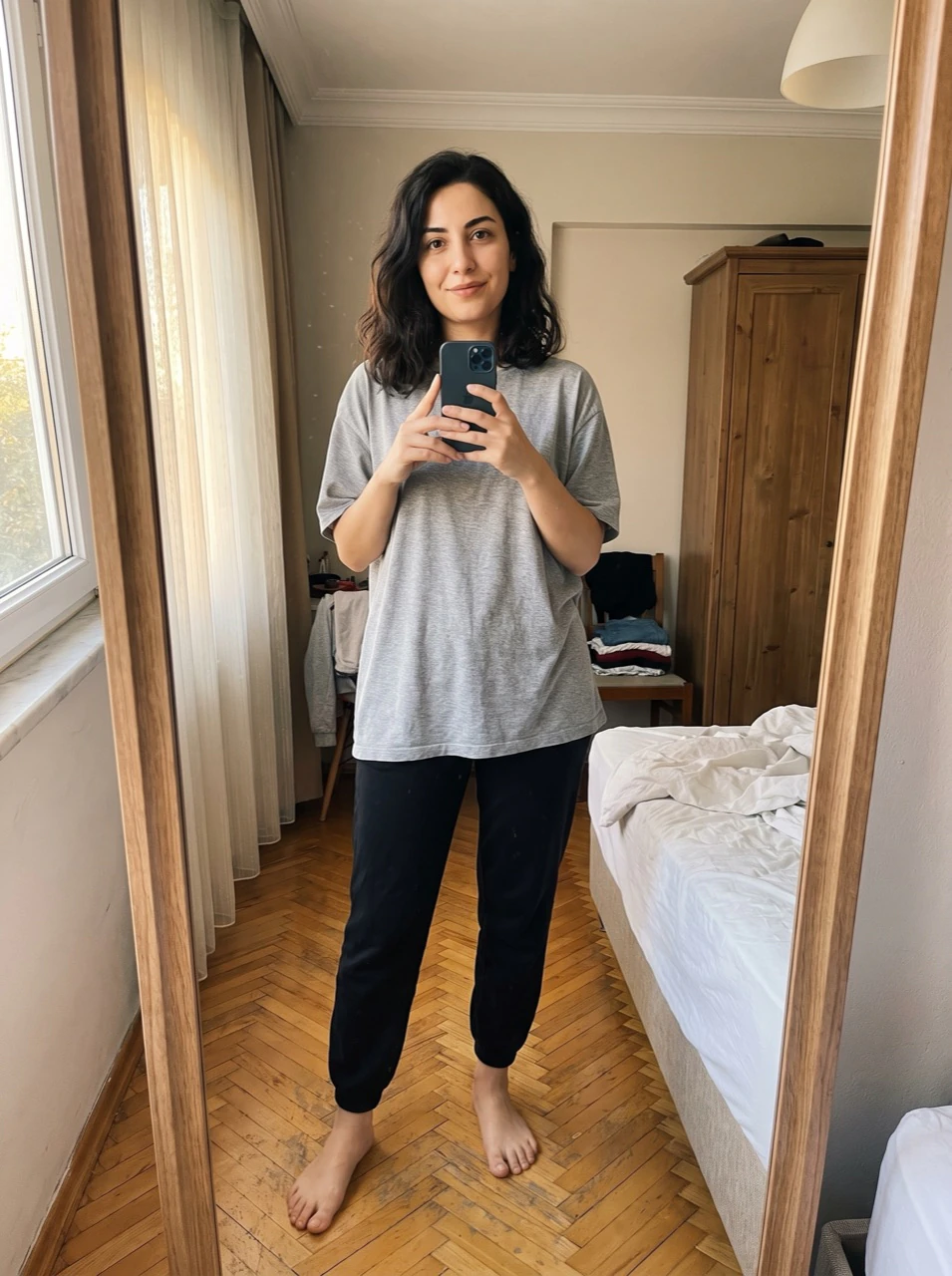 Ayşe'nin ayna selfie'si, gri tişört ve eşofmanla