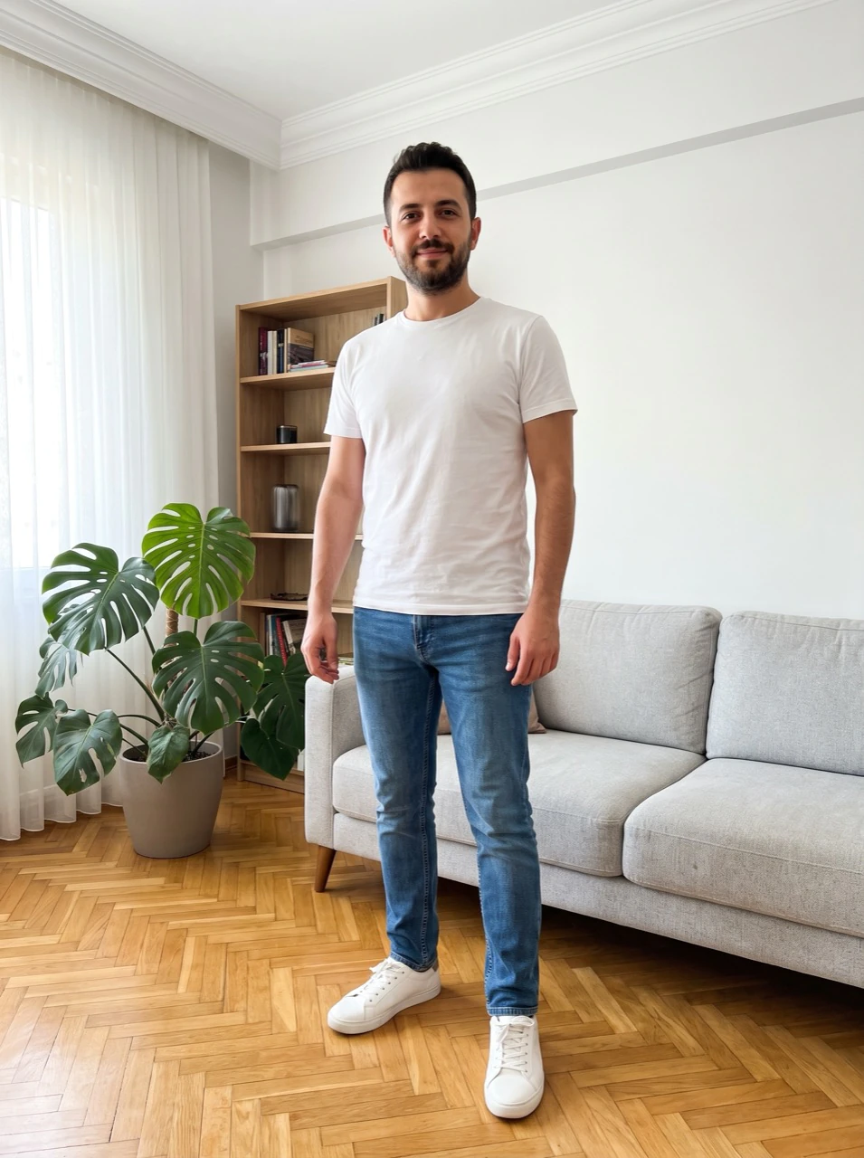 Mert, salonda beyaz tişört ve kotla